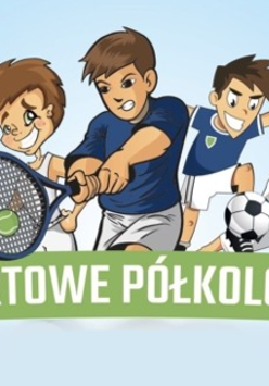 Grafika rysunkowa dzieci grających w różne sporty m.in.:tenis, koszykówka, piłka nożna.