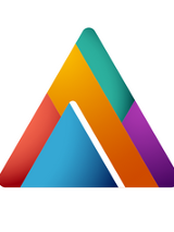 Logo w kształcie trójkąta złożone z mniejszych kolorowych trójkatów.