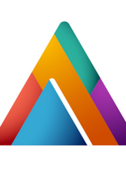 Logo w kształcie trójkąta złożone z mniejszych kolorowych trójkatów.