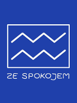 Logo,czyli na niebieskim tle biały prostokąt a w nim dwie falki. Poniżej biały napis "ze spokojem".