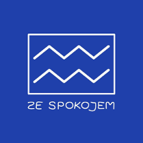 Logo,czyli na niebieskim tle biały prostokąt a w nim dwie falki. Poniżej biały napis "ze spokojem".