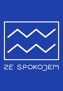 Logo,czyli na niebieskim tle biały prostokąt a w nim dwie falki. Poniżej biały napis "ze spokojem".