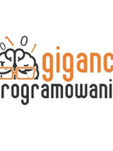 Pomarańczowo-czarny napis "Giganci programowania" na białym tle.