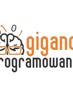 Pomarańczowo-czarny napis "Giganci programowania" na białym tle.