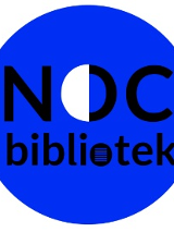 Niebieskie koło na białym tle, a na nim napis noc bibliotek w czarnym kolorze, litera o w słowie noc w połowie jest wypełniona w białym kolorze białym, przypomina półksiężyc.