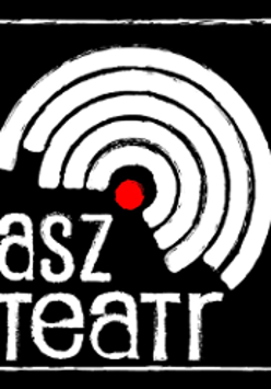 Na czarnym tle białe kółkoliste linie, tworzace niepełne koło, w środku czerwona kropka. U dołu napis "asz teatr".