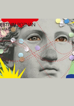 Baner festiwalu Malta. Wielokolorowy baner na którym między innymi widzimy twarz posąga z ludzkimi oczami.