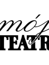 Czarno-białe logo Teatru - napis "Mój Teatr" na białym tle.