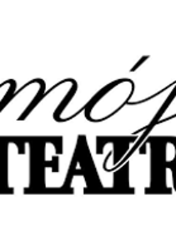 Czarno-białe logo Teatru - napis "Mój Teatr" na białym tle.