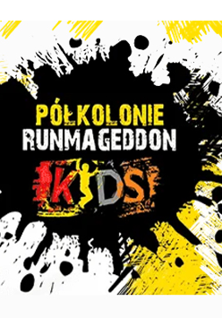 Czarna nieregularna plama, w środku której widoczny jest kolorowy napis "Półkolonie Runmageddon Kids".