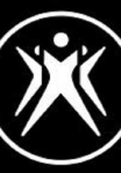 Czarno-białe logo: na czarnym tle białe kółko, w kółku schematyczny rysunek postaci w kształcie litery X.