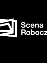 Na czarnym tle napis :Scena Robocza" oraz cztery figury czworokątne połaczone ze sobą.
