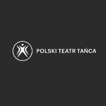 na czarnym tle biały napis Polski Teatr Tańca, po jego lewej stronie w białym okręgu białe rysunki tańczących postaci