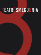 Logotyp Teatru. Na czarnym tle fragment cyfry osiem w kolorze ciemnoczerwonym. W górnej części grafiki napis białymi i czerwonymi literami Teatr Ósmego Dnia.