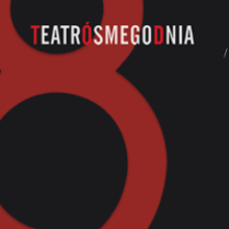 Logotyp Teatru Ósmego Dnia: na czarnym tle czerwona ósemka, w górnej części napis Teatr Ósmego Dnia.