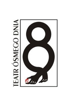 Logotyp Teatru: na białym tle czarny tekst - cyfra 8 z dłońmi u jej dołu, z lewej strony napis Teatr Ósmego Dnia.