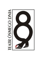 Logotyp Teatru: na białym tle czarny tekst - cyfra 8 z dłońmi u jej dołu, z lewej strony napis Teatr Ósmego Dnia.