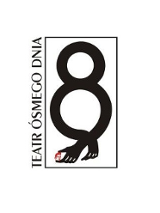 Logotyp Teatru: na białym tle czarny tekst - cyfra 8 z dłońmi u jej dołu, z lewej strony napis Teatr Ósmego Dnia.