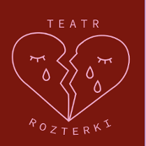 Dwie identyczne grafiki różniące się kolorami - jedna w kolorze bordowym, druga w kolorze różowym. Grafika przedstawia serce złamane na pół z parą oczu, z których lecą łzy. Nad sercem napis "Teatr", pod sercem napis "rozterki".