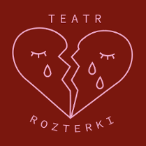 Dwie identyczne grafiki różniące się kolorami - jedna w kolorze bordowym, druga w kolorze różowym. Grafika przedstawia serce złamane na pół z parą oczu, z których lecą łzy. Nad sercem napis "Teatr", pod sercem napis "rozterki".