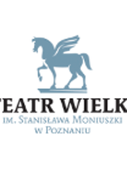 Logo Teatru: rysunek Pegaza w kolorze niebieskim na białym tle; pod Pegazem napis "Teatr Wielki im. Stanisława Moniuszki w Poznaniu".