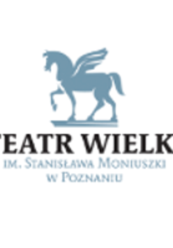 Rysunek Pegaza w niebieskim kolorze, pod nim napis "Teatr Wielki im. Stanisława Moniuszki w Poznaniu".