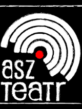 Na czarnym tle białe kółkoliste linie, tworzace niepełne koło, w środku czerwona kropka. U dołu napis "asz teatr".