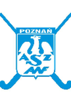 Logotyp AZS AWF Poznań - niebieski napis AZS, poniżej AWF, a wszystko jest w białej sylwetce orła. Powyżej niebiesko tło i niebieski napis Poznań. Wokół są skrzyżowane 2 kije hokejowe