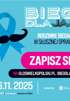 Logotyp Biegu dla Jaj - na niebieskim tle nazwa biegu, termin i link do zapisów, a także wąsy z kokardką niebieską