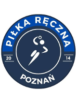 Logotyp Enei Piłki Ręcznej Poznań - granatowy logotyp z białym symbolem piłkarza ręcznego w środku. Dookoła napis Piłka Ręczna na niebieskim tle oraz na dole napis Poznań, po bokach data 2014