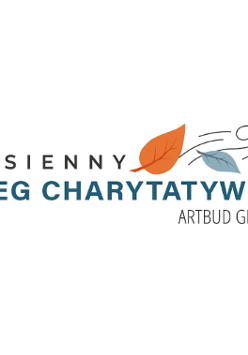 Logotyp Jesiennego Biegu Charytatywnego - nazwa biegu w kolorze czarnym i granatowwym, a obok symbole 2 liści w kolorze brązowym i szarym
