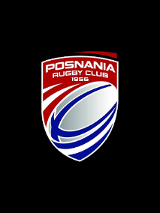 Logotyp Posnanii - biała pilka do rugby z niebieskimi elementami, a powyżej na czerwonym tle biały napis z nazwą klubów i rokiem powstania