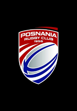 Logotyp Posnanii - biała pilka do rugby z niebieskimi elementami, a powyżej na czerwonym tle biały napis z nazwą klubów i rokiem powstania