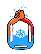 Logotyp Stowarzyszenia BoJa i Ty - deska ratunkowa ze skrzyżowanymi dłońmi w kolorze pomarańczowym i czerwonym, w biało-niebieskim środku symbol płatku śniegu