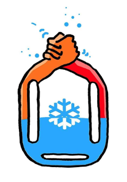 Logotyp Stowarzyszenia BoJa i Ty - deska ratunkowa ze skrzyżowanymi dłońmi w kolorze pomarańczowym i czerwonym, w biało-niebieskim środku symbol płatku śniegu