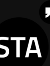 Na czarnym tle napis "STA" i dwa apostrofy w prawym górnym rogu.
