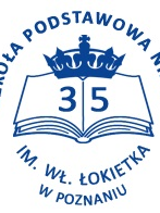 Logotyp Szkoły Podstawowej nr 35 w Poznaniu - nr 35 na książce z koroną, a wokół nazwa szkoły. Wszystko w niebieskich barwach