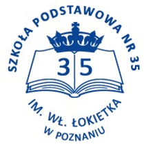 Logotyp Szkoły Podstawowej nr 35 w Poznaniu - nr 35 na książce z koroną, a wokół nazwa szkoły. Wszystko w niebieskich barwach