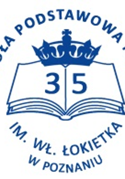 Logotyp Szkoły Podstawowej nr 35 w Poznaniu - nr 35 na książce z koroną, a wokół nazwa szkoły. Wszystko w niebieskich barwach
