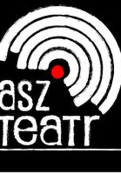 na czarnym tle biały napis asz teatr, a powyżej narysowane niepełne białe okręgi z czerwoną kropką pośrodku