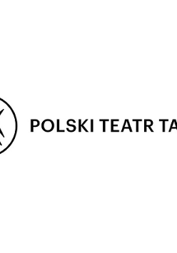 Na białym tle czarny okrąg, wewnątrz rysunek czarnych tańczących postaci, obok czarny napis Polski Teatr Tańca.