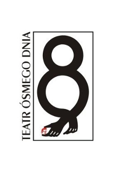 Logo Tatru Ósmego Dnia - na białym tle czarny napis - nazwa Teatru oraz czarna ósemka, u dołu której są dwie dłonie.