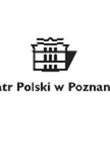 logotyp Teatru Polskiego przedstawiający rysunek frontu Teatru na białym tle, poniżej czarny podpis "Teatr Polski w Poznaniu"