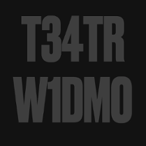 Ciemna grafika: na czarnym tle szary napis "T34TR W1DMO".