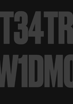 Ciemna grafika: na czarnym tle szary napis "T34TR W1DMO".