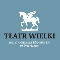 grafika przestawia na szaroniebieskim tle rysunek białego pegaza i podpis Teatr Wielki im. Stanisława Moniuszki w Poznaniu