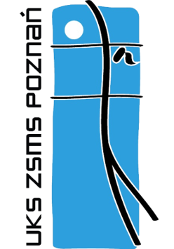 Logotyp UKS ZSMS Poznań - na niebieskim tle czarna siatka i czarna nazwa klubu