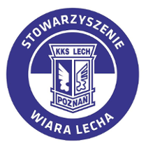 Logotyp Wiary Lecha Poznań - herb Lecha Poznań wpisany w niebiesko-białe pole z białym napisem Stowarzyszenia Wiara Lecha na niebieskim obramowaniu