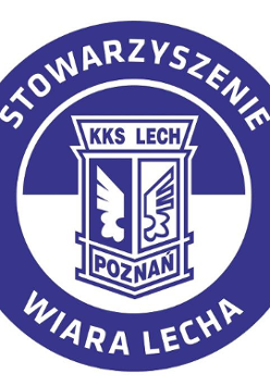 Logotyp Wiary Lecha Poznań - herb Lecha Poznań wpisany w niebiesko-białe pole z białym napisem Stowarzyszenia Wiara Lecha na niebieskim obramowaniu