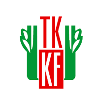 Logotyp Wielkopolskiego Towarzystwa Krzewienia Kultury Fizycznej - w środku czerwone i białe litery TK i KF, a z boku zielone symbole roślinne